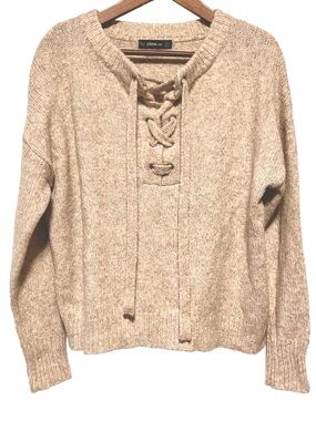 Zara Wool Blend Fuzzy Lace Up Sweater Oatmeal Beige Oversized Knit S